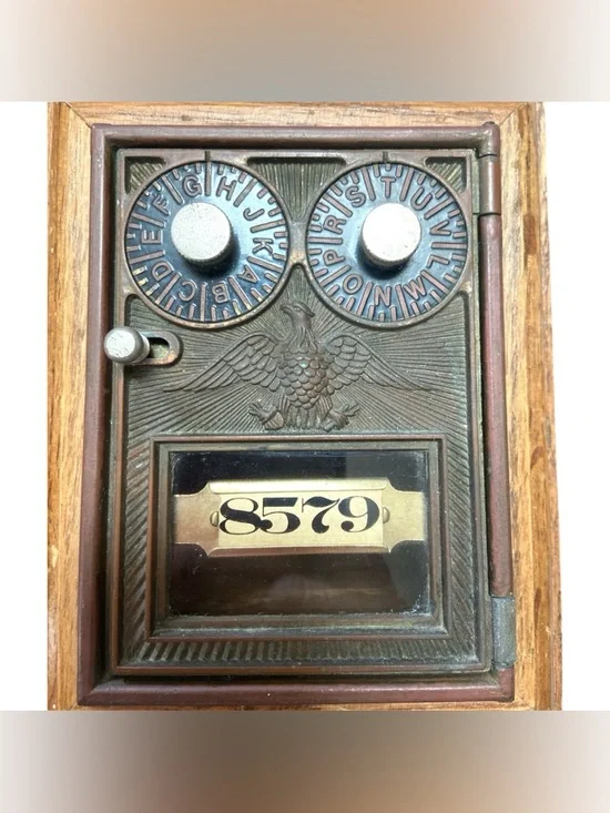 Vintage Post Office Lockbox Coin Bank Wood & Brass Keyless Lock Continental Gum - Picture 2 of 8